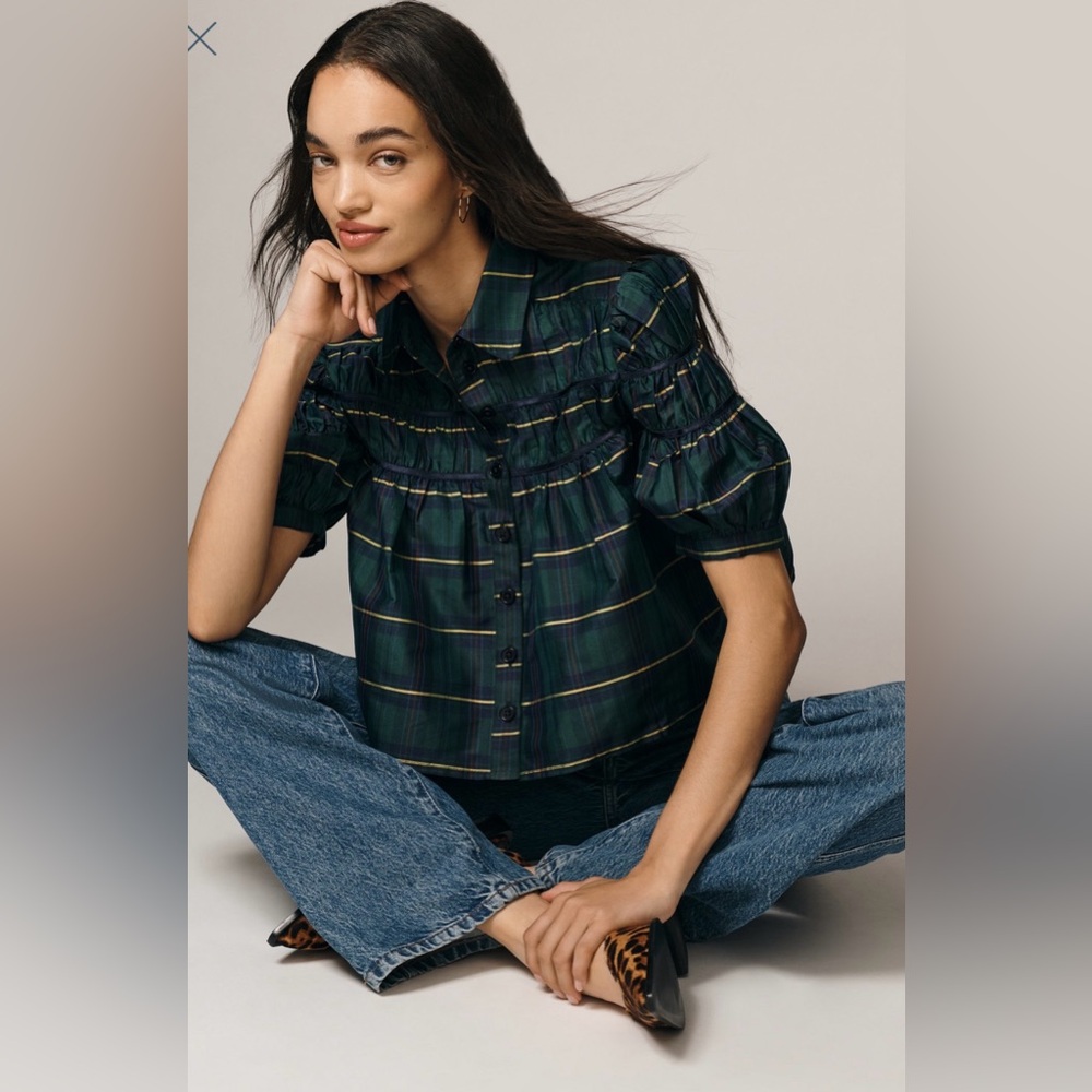 Anthropologie Maeve The Leandra
Taffeta Shirred Yoke Blouse Green Plaid 2X